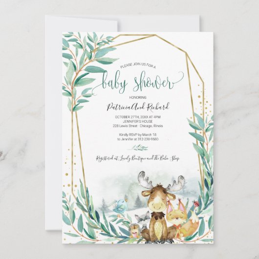 愛らしいウッドランド動物の緑の赤ちゃんシャワー 招待状 (正面)