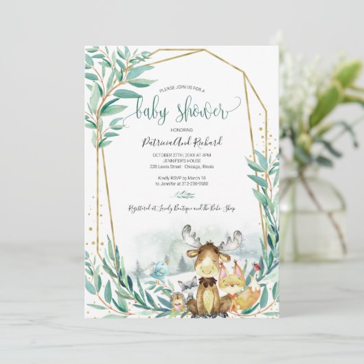 愛らしいウッドランド動物の緑の赤ちゃんシャワー 招待状 (スタンド正面)