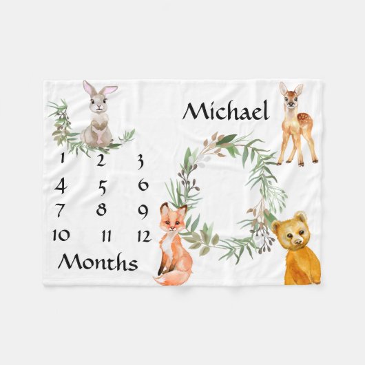 愛らしいウッドランド動物キツネマイルストーンキープサケ フリースブランケット (正面(横))