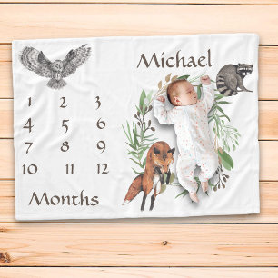 愛らしいウッドランド動物キツネマイルストーンキープサケ フリースブランケット