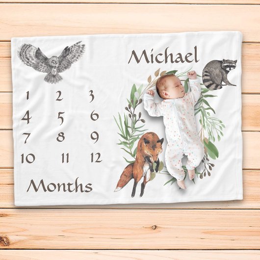 愛らしいウッドランド動物キツネマイルストーンキープサケ フリースブランケット