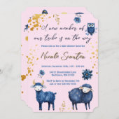 愛らしいウッドランド動物ピンク&ネイビーブルー銀河系 招待状 (正面/裏面)