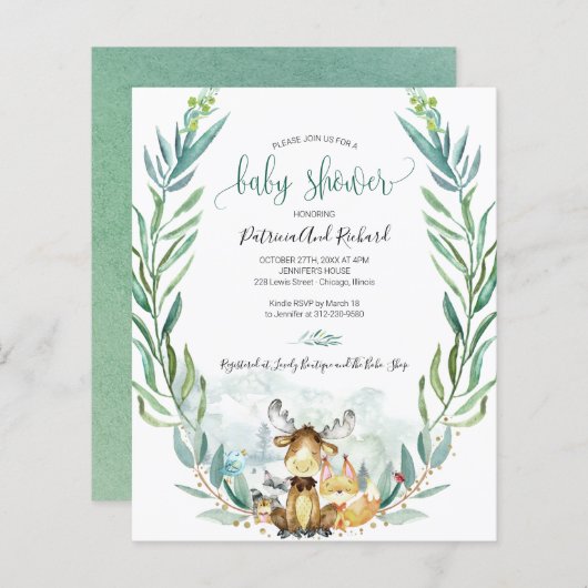 愛らしいウッドランド赤ちゃんシャワー予算招待状 (正面/裏面)