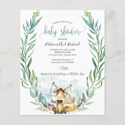 愛らしいウッドランド赤ちゃんシャワー予算招待状 (正面)