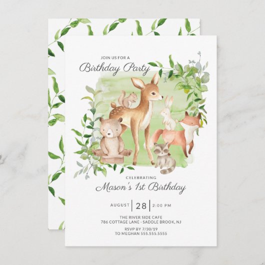 愛らしいウッドランド・フレンズ少年たち誕生日 招待状 (正面/裏面)