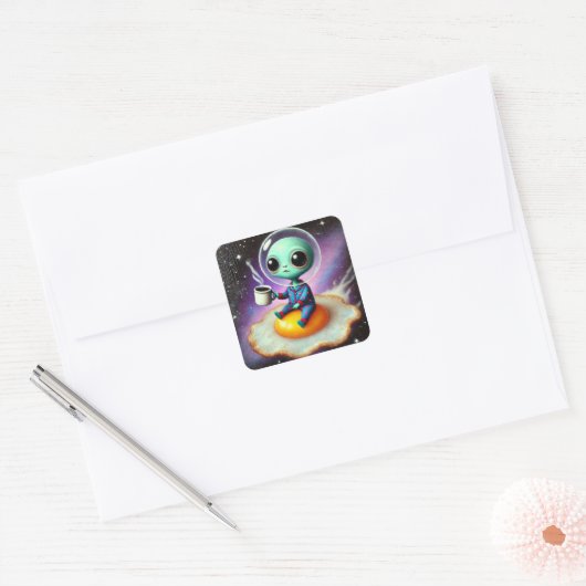 愛らしいエイリアン浮き卵を宇宙とコーヒー スクエアシール (封筒)