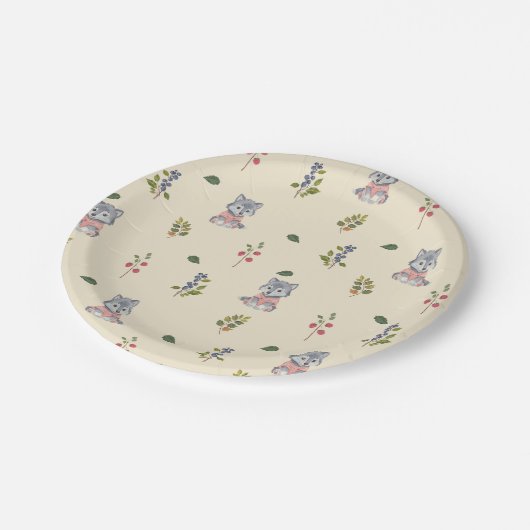 愛らしいオオカミと森の果実のパターン ペーパープレート (アングル)