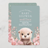 愛らしいオッターガール赤ちゃんシャワーとピンクの花 招待状 (正面/裏面)