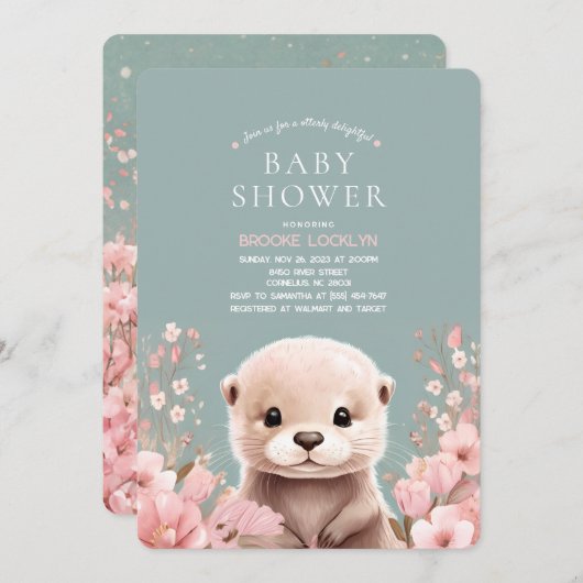 愛らしいオッターガール赤ちゃんシャワーとピンクの花 招待状 (正面/裏面)
