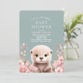 愛らしいオッターガール赤ちゃんシャワーとピンクの花 招待状 (スタンド正面)