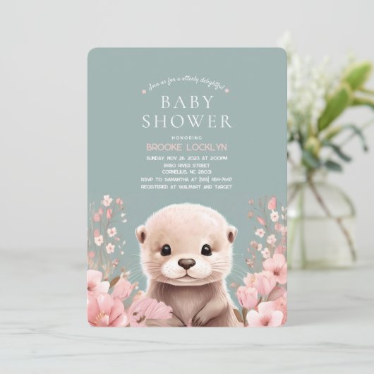 愛らしいオッターガール赤ちゃんシャワーとピンクの花 招待状 (スタンド正面)