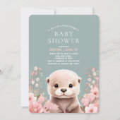 愛らしいオッターガール赤ちゃんシャワーとピンクの花 招待状 (正面)