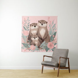 愛らしいオッターボーホピンクローズママパパとベビー タペストリー