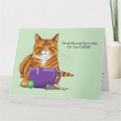 愛らしいオレンジ色のタビー猫のグリーン 父の日 パープル カード (正面)
