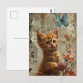 愛らしいオレンジ色の子猫と糸 青い蝶 ポストカード (正面/裏面)