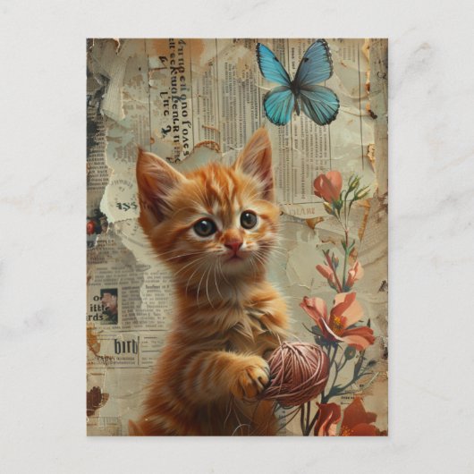 愛らしいオレンジ色の子猫と糸 青い蝶 ポストカード (正面)