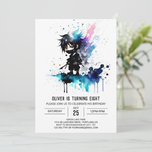愛らしいカスタム忍者ボーイデジタル誕生日 招待状 (スタンド正面)