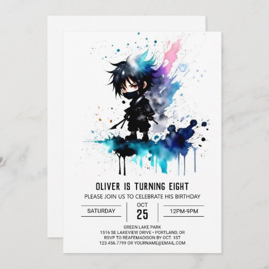 愛らしいカスタム忍者ボーイデジタル誕生日 招待状 (正面/裏面)