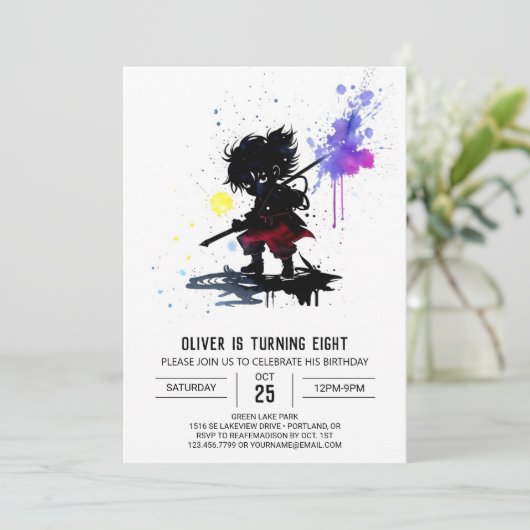 愛らしいカスタム忍者ボーイデジタル誕生日 招待状 (スタンド正面)