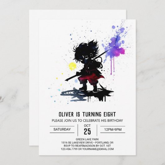 愛らしいカスタム忍者ボーイデジタル誕生日 招待状 (正面/裏面)