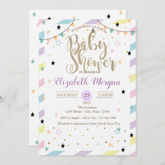 愛らしいカラフルな星のベビーシャワー招待状 招待状 (正面/裏面)