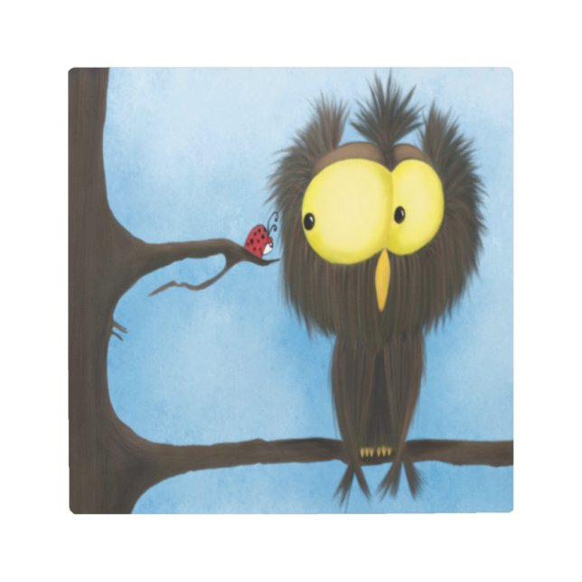 愛らしいカラフルフクロウ・オリバー メタルプリント (正面)