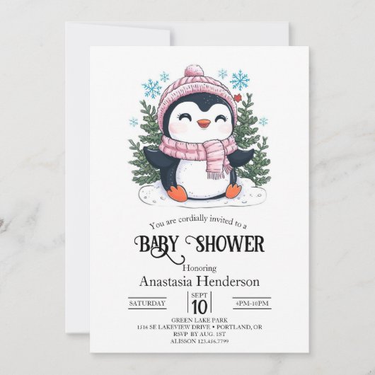 愛らしいカラフルペンギンの赤ちゃんシャワー 招待状 (正面)