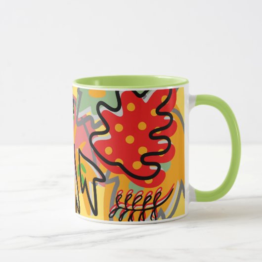 愛らしいカラフル抽象芸術の葉の緑オレンジ マグカップ (右)