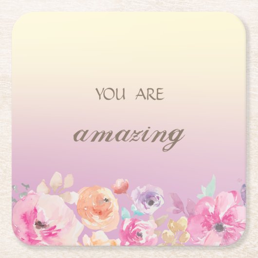 愛らしいカラフル水彩花 スクエアペーパーコースター (正面)