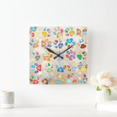愛らしいカラフル犬の手のプリント,《写真》ぼけ味 スクエア壁時計 (ホーム)