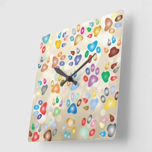 愛らしいカラフル犬の手のプリント，《写真》ぼけ味 スクエア壁時計 (傾斜)