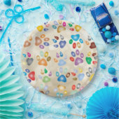 愛らしいカラフル犬の手のプリント，《写真》ぼけ味 ペーパープレート (パーティー)