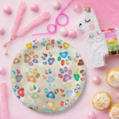 愛らしいカラフル犬の手のプリント，《写真》ぼけ味 ペーパープレート (パーティー)