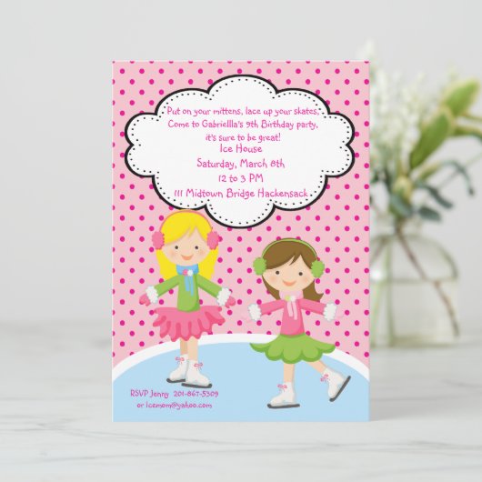 愛らしいガールズアイススケートで滑る誕生日招待状 招待状 (スタンド正面)