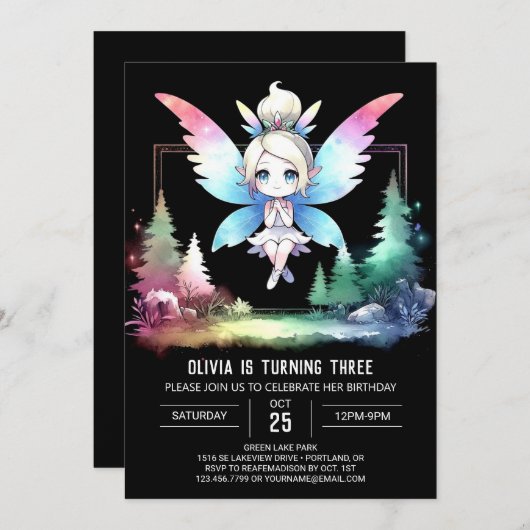 愛らしいキッズフェアリー誕生日 招待状 (正面/裏面)