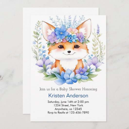 愛らしいキツネお洒落ボーイ赤ちゃんシャワー 招待状 (正面/裏面)