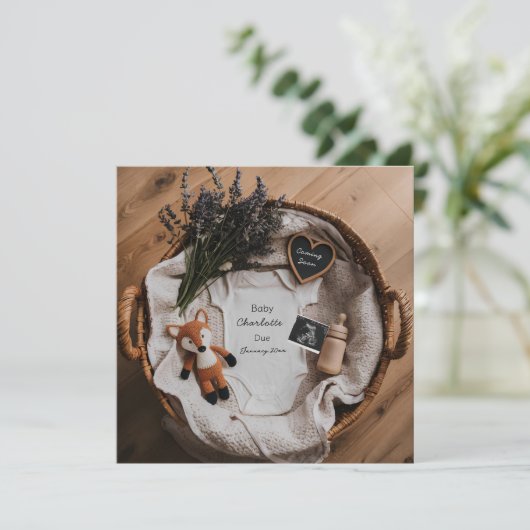 愛らしいキツネとラバンダー妊娠のお知らせ シーズンカード (スタンド正面)