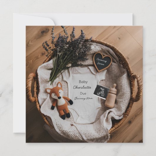 愛らしいキツネとラバンダー妊娠のお知らせ シーズンカード (正面)