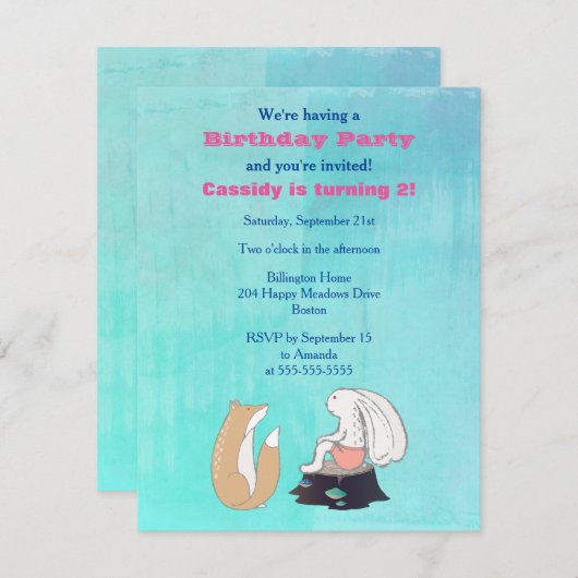 愛らしいキツネと図解入りの、写真付きのうさぎ誕生会 招待状 (正面/裏面)