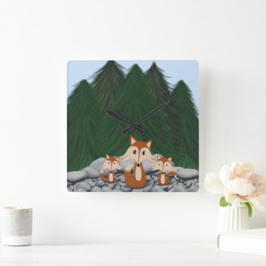 愛らしいキツネの家族 スクエア壁時計 (ホーム)