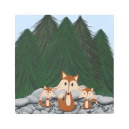 愛らしいキツネの家族 メタルプリント