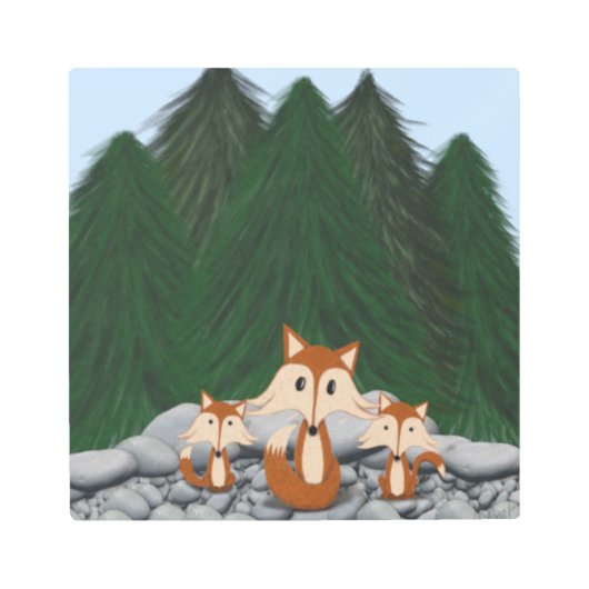 愛らしいキツネの家族 メタルプリント (正面)
