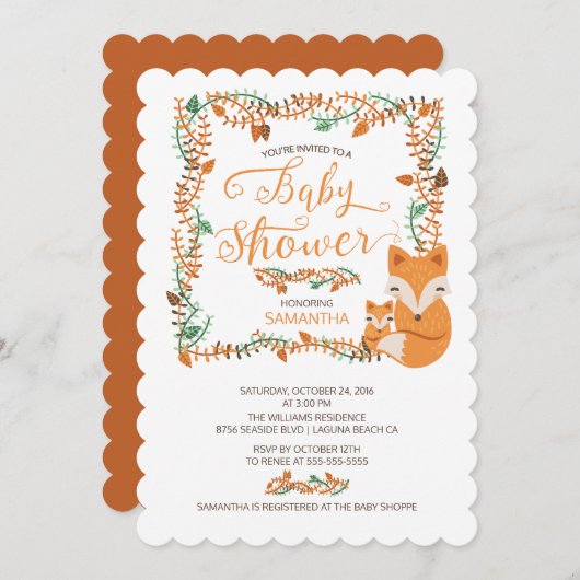 愛らしいキツネウッドランドベビーシャワー招待状 招待状 (正面/裏面)