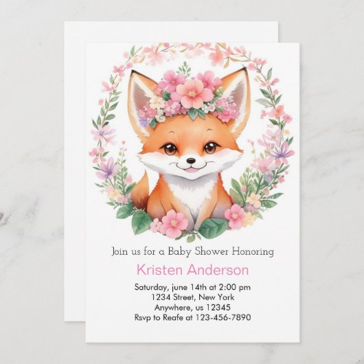 愛らしいキツネボホフォレストガールベビーシャワー 招待状 (正面/裏面)