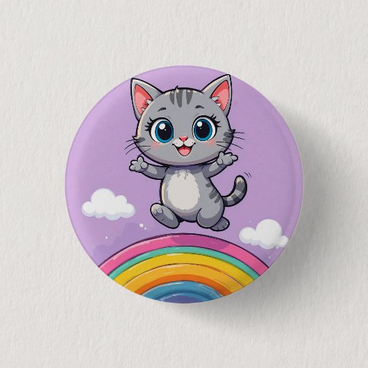 愛らしいキャラクターの子猫が楽しそうにジャンプ 缶バッジ (正面)