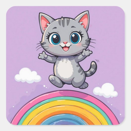 愛らしいキャラクターの子猫が楽しそうに飛び跳ねる スクエアシール (正面)
