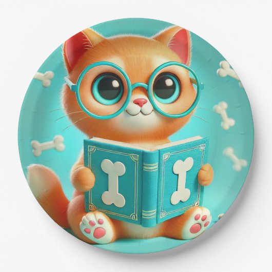 愛らしいキャラクターの猫が本を読む ペーパープレート (正面)