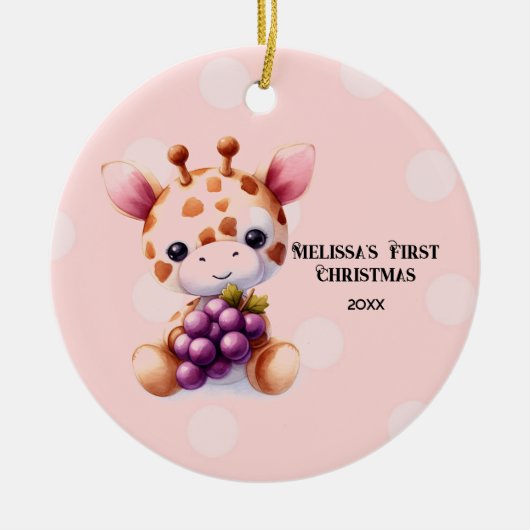 愛らしいキリン 赤ちゃんの最初のクリスマス セラミックオーナメント (正面)