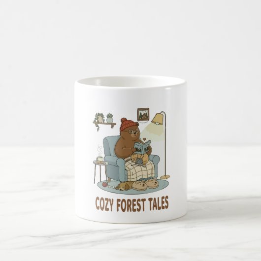 愛らしいクマが「Forest Tales」を読んでいる コーヒーマグカップ (中央)