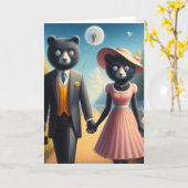 愛らしいクマのカップルが公園を歩く手を握る カード (黄色い花)